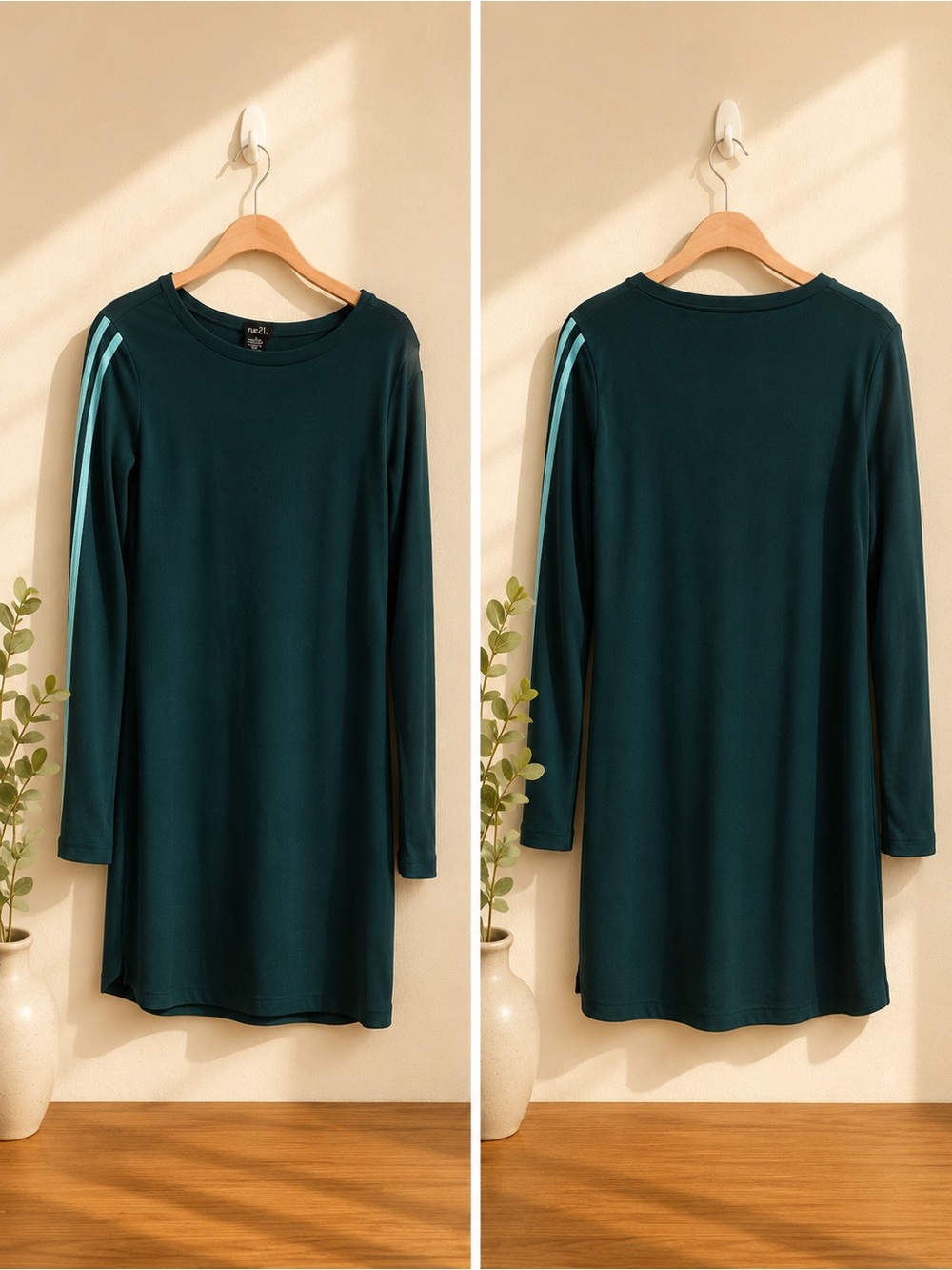 Dark Teal Long Sleeve Tunic with Light Teal Shoulder Stripes